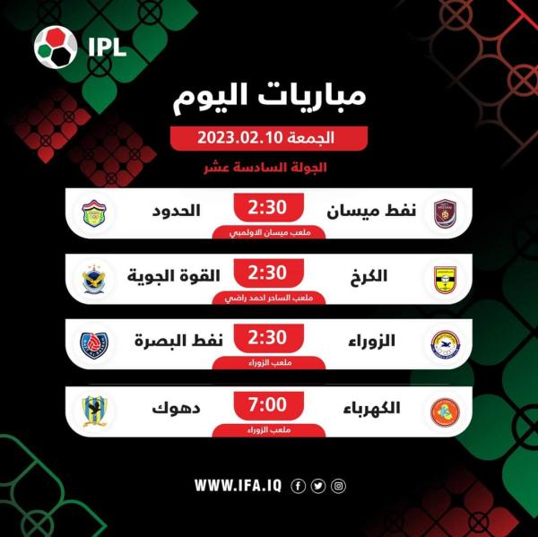 اليوم في افتتاح الجولة (16) من الدوري العراقي الممتاز لكرة القدم